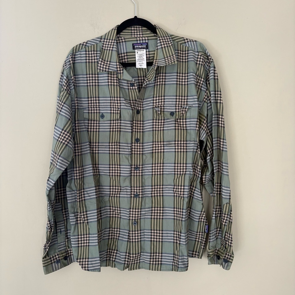 Patagonia Men's Long-Sleeved Cotton Green Black Plaid Buckshot Shirt Sz Large